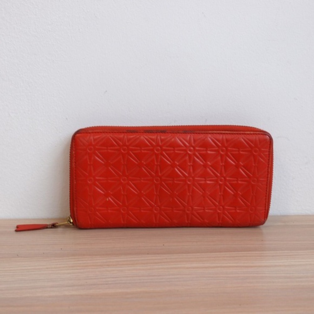 Comme De Garcons Leather Wallet Red Orange Starburst‎ Embossed Zip Around